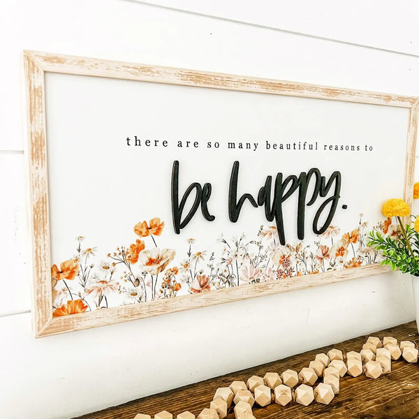 Be Happy Wildflower Wood Sign: Natural Frame