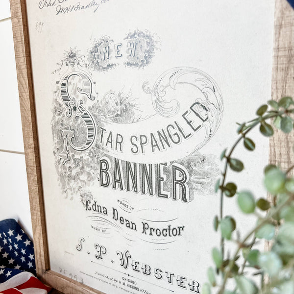 Star Spangled Banner Black & White Wood Sign: White Distress Frame / 8x10 Inches