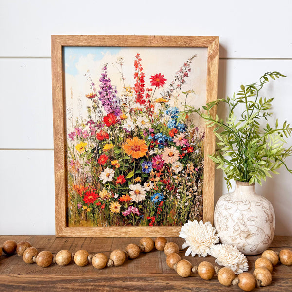Colorful Summer Wildflowers Wall Art Wood Sign: White Distress Frame / 8x10 Inches