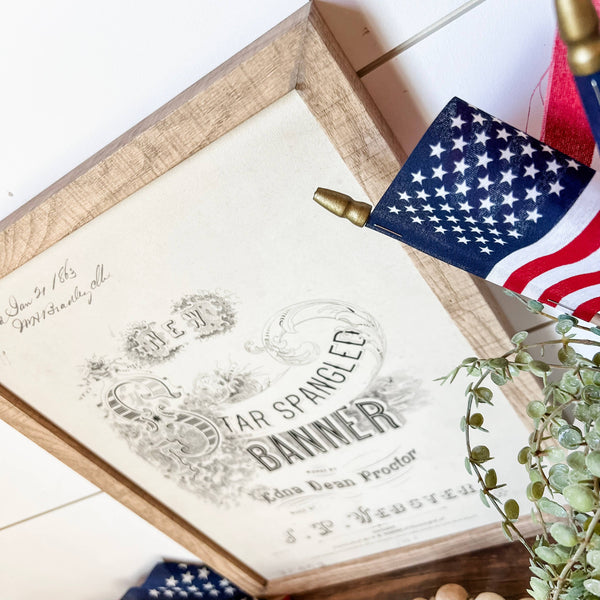 Star Spangled Banner Black & White Wood Sign: White Distress Frame / 8x10 Inches
