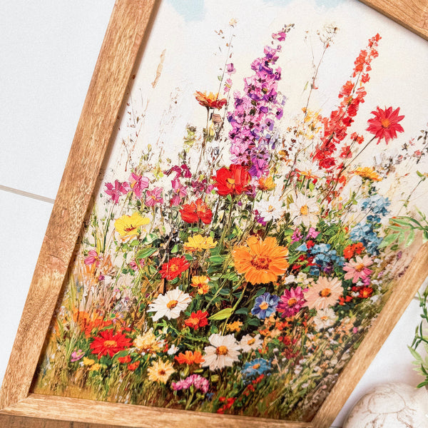 Colorful Summer Wildflowers Wall Art Wood Sign: White Distress Frame / 8x10 Inches