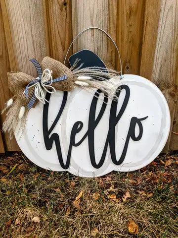 Boho Hello Fall Pumpkin Door Hanger: Black Wording