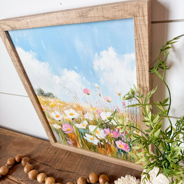 Pink & White Spring Wildflowers Wall Art: White Distress Frame / 8x10 Inches