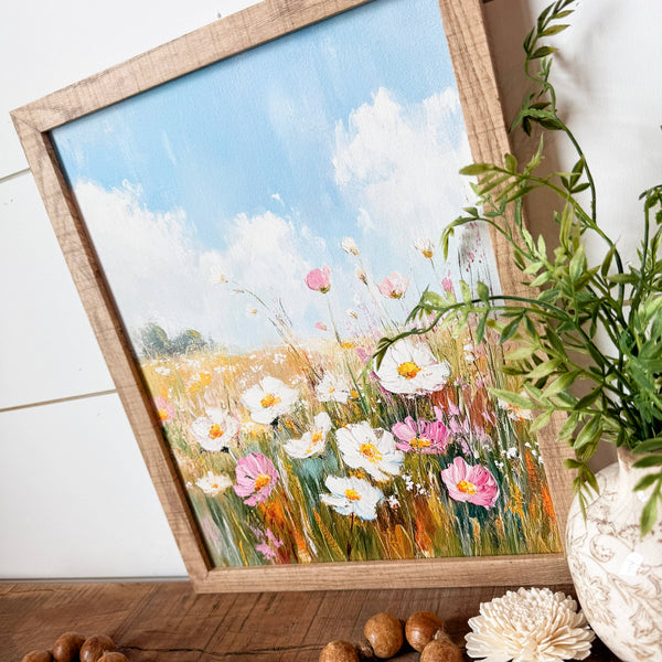 Pink & White Spring Wildflowers Wall Art: White Distress Frame / 8x10 Inches