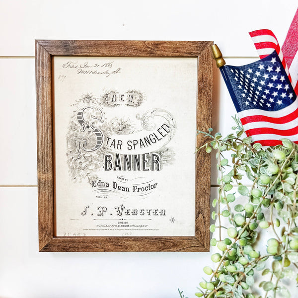 Star Spangled Banner Black & White Wood Sign: White Distress Frame / 8x10 Inches