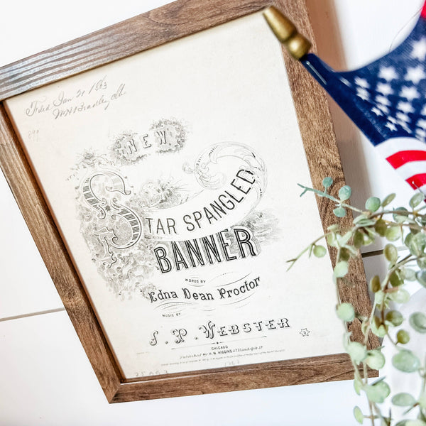 Star Spangled Banner Black & White Wood Sign: White Distress Frame / 8x10 Inches