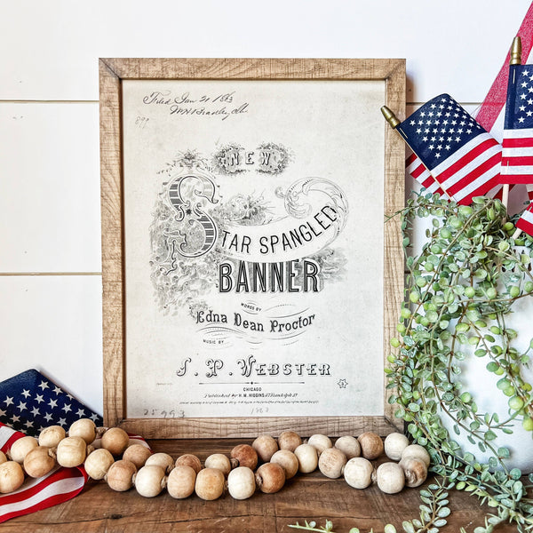 Star Spangled Banner Black & White Wood Sign: White Distress Frame / 8x10 Inches