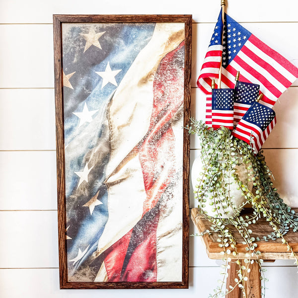 Vintage American Flag Wood Sign - Rectangle: White Distress Frame / 11x24 Inches