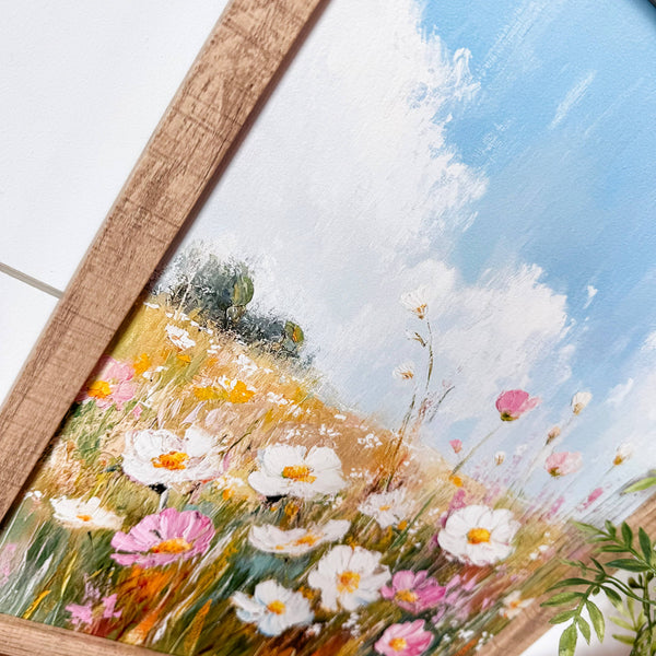 Pink & White Spring Wildflowers Wall Art: White Distress Frame / 8x10 Inches
