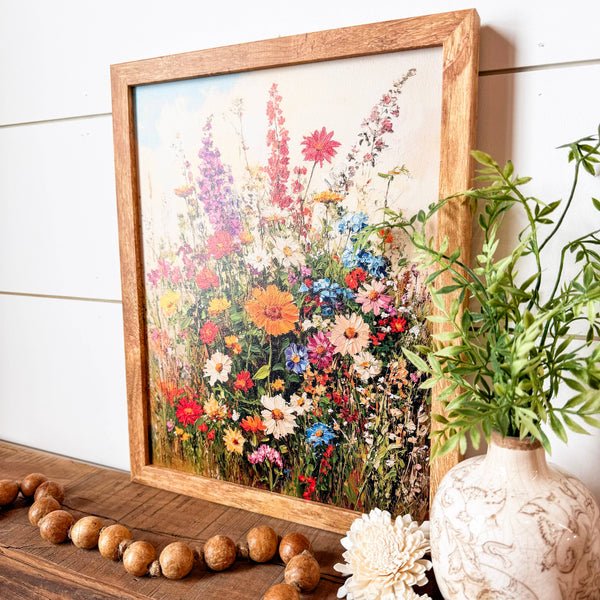 Colorful Summer Wildflowers Wall Art Wood Sign: White Distress Frame / 8x10 Inches