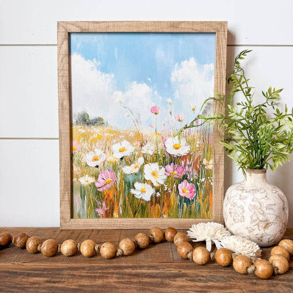 Pink & White Spring Wildflowers Wall Art: White Distress Frame / 8x10 Inches