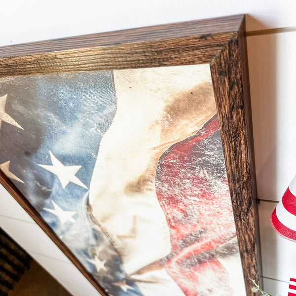 Vintage American Flag Wood Sign - Rectangle: White Distress Frame / 11x24 Inches
