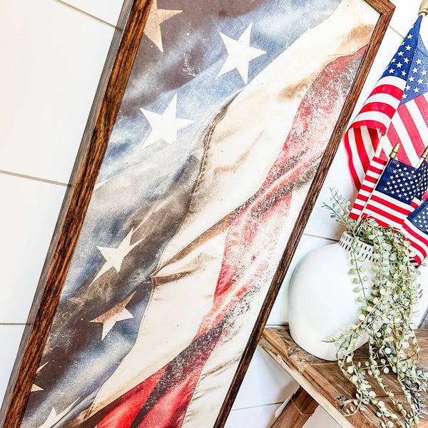 Vintage American Flag Wood Sign - Rectangle: White Distress Frame / 11x24 Inches