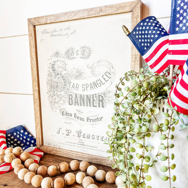 Star Spangled Banner Black & White Wood Sign: White Distress Frame / 8x10 Inches