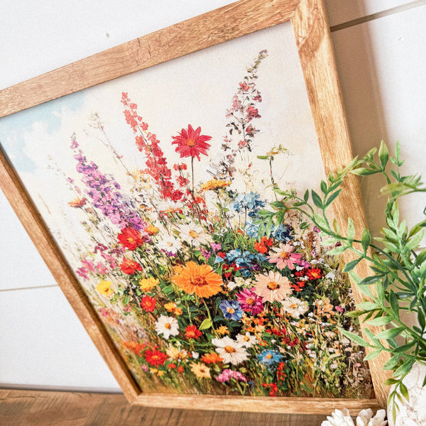 Colorful Summer Wildflowers Wall Art Wood Sign: White Distress Frame / 8x10 Inches