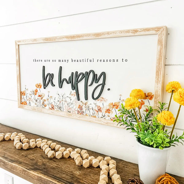 Be Happy Wildflower Wood Sign: Natural Frame