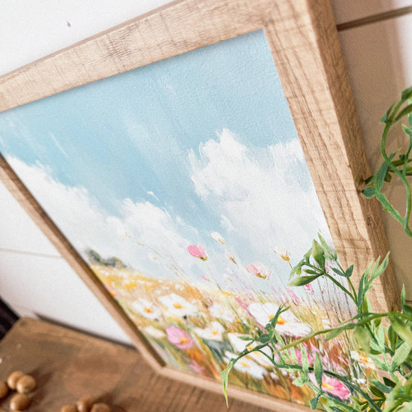 Pink & White Spring Wildflowers Wall Art: White Distress Frame / 8x10 Inches